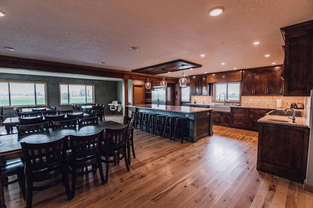 Commercial kitchen and dining hall at Three Peaks Lodge